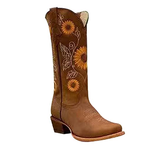 Cowboy Boots for Women Sunflower Embroidery Stitched Square Toe Low Heel Boot Mid-Calf Cowgirl Western Boots Ladies Pointy Toe Fashion Boots Khaki Brown Coffee US 5-10.5