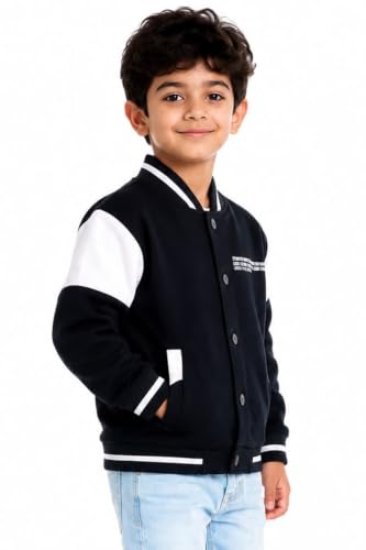 Image of SNA Jacket for Boys Cotton Blend Colorblocked Varsity | Lightweight Casual Baseball Bomber Snap-Button Coat with Pockets, Black
