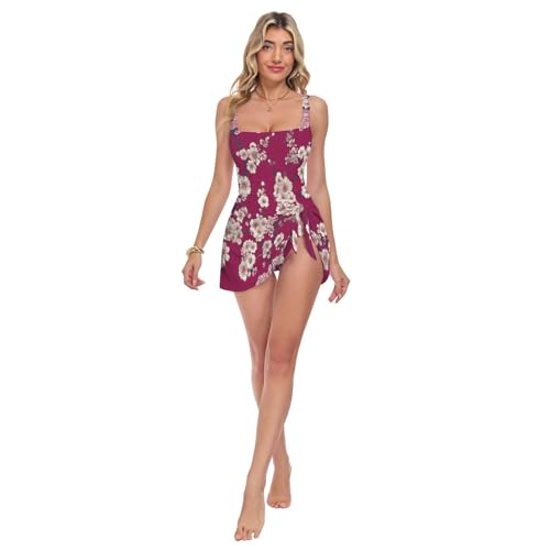 Yoogain Boho- Chic, Kirschblüten- Spitzenmuster, rot, quadratischer Ausschnitt, Einteiler, Damen- Badekleid, Bauchkontrolle, Badeanzüge für Sommer, Strand, Schwimmen, Boho Chic Kirschblüten