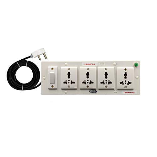 Image of INDRICO 5050 E-Book 4 + 1 Power Strip Extension Boards with Switch, Indicator, 4 International sockets White(2m) Pack of 1, Polycarbonate, White