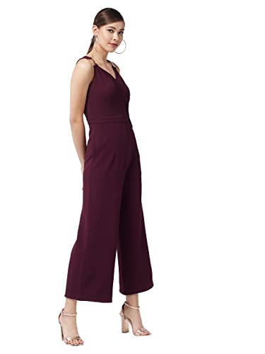 Image of Miss Chase Women's Wine V-Neck Sleeveless Solid Wrap Regular Jumpsuit