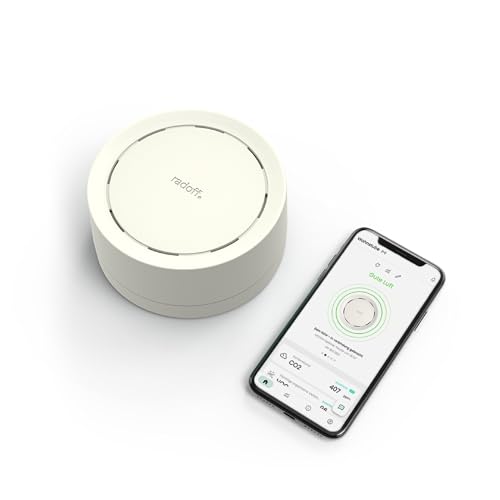 Radoff Now White *Limited Edition – Luftqualität Messgerät, CO2 Melder, VOC, PM, Alexa Kompatibel, Integration Bald Verfügbar – Smart Home Gadget mit WiFi-Temperatur- und Luftfeuchtigkeits-Sensor