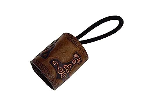 Handmade Brown Leather Hair Tie With Viking Hammer, Celtic Triquetra & Tree Of Life Man Bun | Top Knot | Hair Wrap | Ponytail Holder #TOP1