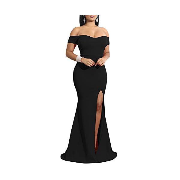 YMDUCH Womens Off Shoulder High Split Long Formal Party Dress Evening Gown Black