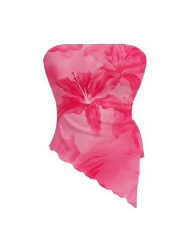 WDIRARA Women's Floral Mesh Strapless Side Ruched Tube Top Asymmetrical Hem Bandeau Crop Tops Pink Flower X-Large