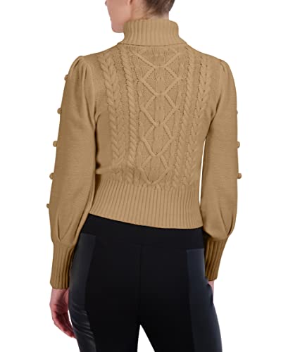 Bcbgmaxazria Women's Fitted Long Puff Sleeve Pom Sweater, Camel, Medium #TOP2