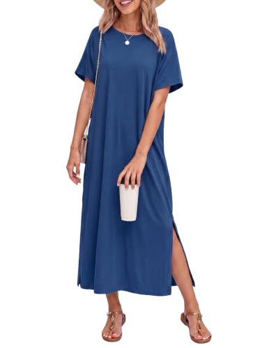 Ekouaer Long Nightgowns for Women Cotton Night Gowns Short Sleeve Sleepwear Full Length Sleep Shirts Blue