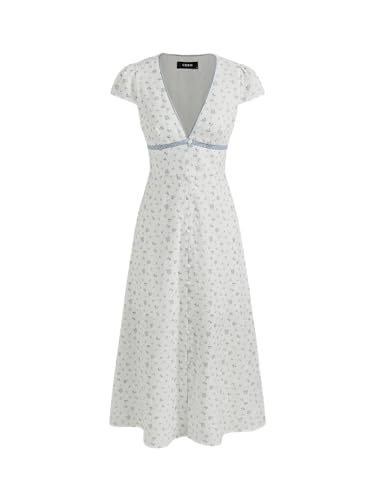 CIDER Polka Dot Midi Dress Short Sleeve High Waist V-Neck Button Floral Vintage A Line