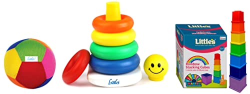 Little’s Rainbow Stacking Cubes I Activity Toy for Babies Infant & Preschool Toys + Junior Ring (Plastic,Multicolour) + Soft Plush Baby Ball with Rattle Sound (11cm,Multicolor) – (Set of 3 Toys)