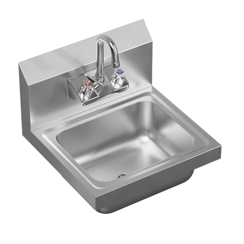 Image of 15 in. x 15 3 /4 in. NSF Certified Stainless Steel Hand Sink - Commercial Wall Mount Hand Basin with Faucet. Ideal for Restaurants, Bars, Kitchens, and Stores