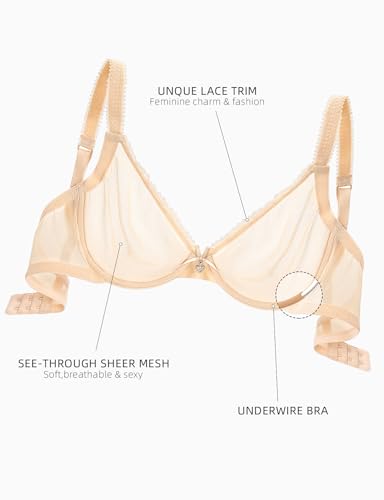 Image of Upushall Mesh Unlined Bras for Women Plunge Demi Lace Sexy Underwire Bra