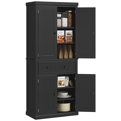 HOMCOM 72" Kitchen Pantry Cabinet, Freestanding Tall Storage Cabinet, Traditional Kitchen Cabinet with 4 Doors, Drawer and 3 Adjustable Shelves for Dining Room, Black