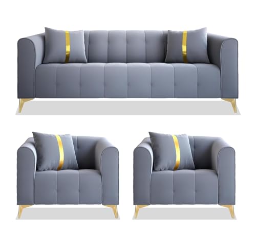 Image of UMAR ARTS Luxury Chesterfield Leatherate Sofa Set, Tufted Genuine Leatherate, Classic Living Room Furniture (3+1+1 Grey)