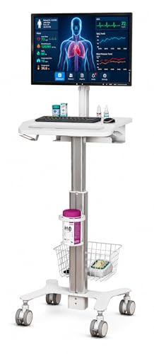 Mount Plus MB-C10 Medical Trolley Cart For Monitor Desktop With Keyboard Table, Basket, Wipe Holder, Scanner Holder For Hospital Clinic Dental Office Home Office | Height Adjustable Mobile Workstation