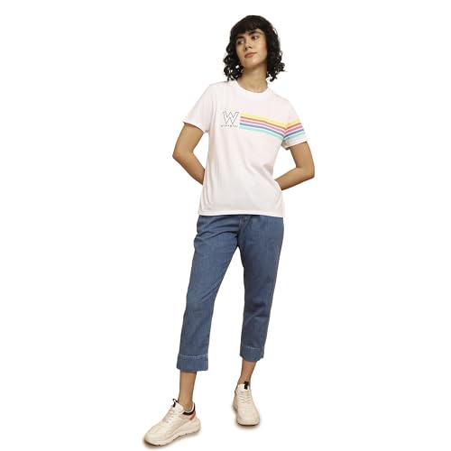 Image of Wrangler Women's Printed White Crew Neck Regular Fit T-Shirt