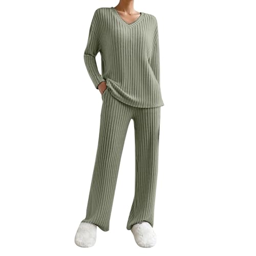 Schlafanzug Damen, Schlafanzug Damen Lang Pyjama Set V-Ausschnitt Langärmlig Gestricktes Yoga-Sets 2 Stück Slim Fit Gemütliche Nachtwäschee...