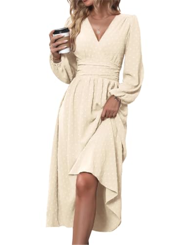 Mettclasi Women's Spring Fall Swiss Dot V-Neck Midi Dress Casual Puff Long Lantern Sleeve A-Line Flowy Wedding Guest Dress - Beige, X-Large