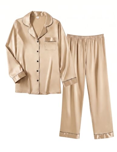 Image of Ekouaer Women Satin Pajamas Set Classic Button Down Long Pjs Set