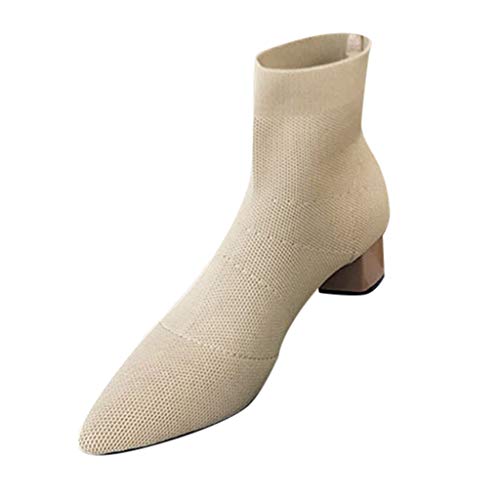 DOGZI Botas de Calcetines de Punto de tacón Grueso, Zapatos Casuales de Tubo Corto Botines de Mujer Botas de Combate de Color Liso Botas de Bloque Puntiagudo