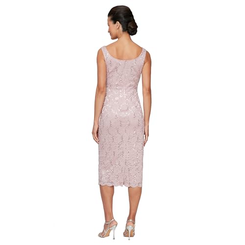 Image of S.L. Fashions Women's Tea Length Sequin Lace Mother of The Bride Dress with Illusion Sleeve Jacket