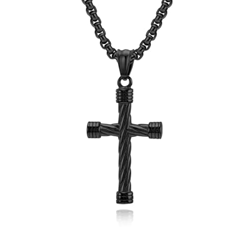Collier en croix ronde torsadée noire 60cm en acier chirurgical anti-irritation pour homme