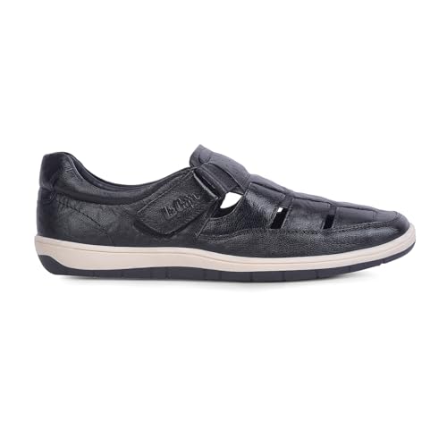 Image of Lee Cooper Men's Leather Comfort Sandal Shoes with Velcro Strap Closure, Breathable Cut-Out Design, Cushioned Insole & Lightweight Flexible Sole - Casual Everyday Walking Footwear | BLACK,