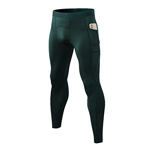 Eargfm Men's Compression Workout Gym Pockets Running Baselayer Pants, Dark Green-3, Small #TOP23
