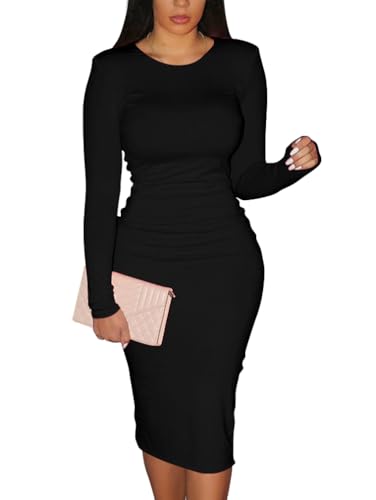 XXTAXN Damen Sexy Bodycon Langarm Rundhals Arbeit Büro Midi Bleistiftkleid, Schwarz, Mittel