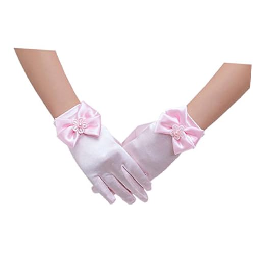 BESPORTBLE Flower Girl Lace Gloves Short Wrist Full Finger Mesh Bowknot Design Pink for Wedding Baptism Prom Party