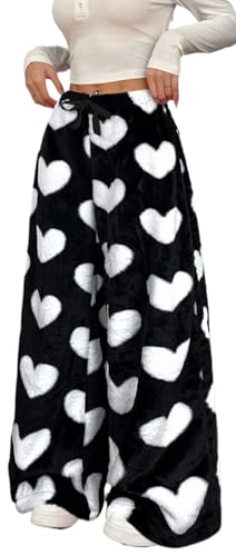 WINKEEY Mujer Pantalones de Pijama Largo Peludo Leopardo Pantalon Pijama Mujers Suaves Cómodas Partes de Abajo de Pijamas Otoño Invierno,Corazón Blanco S