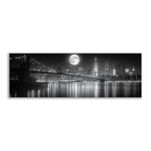Art mural skyline NYC noir et blanc pont de Brooklyn pleine lune