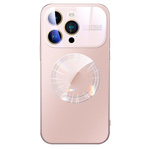 PuRoxx Funda Magnética para iPhone 15 Pro Max/15 Pro/15 Plus/15, Logo View, Cristal Ventana Cámara Lente Protección, Delgado Esmerilada Trasera Carcasa,Rosado,15ProMax