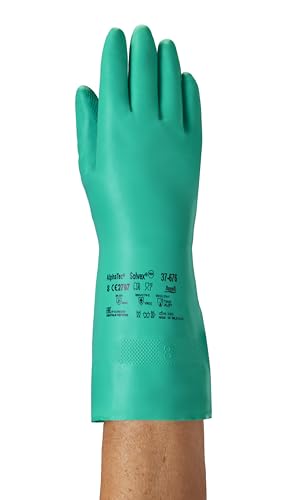 Image of Ansell AlphaTec 37-676 Chemical Resistant Gloves, High-Performance Nitrile Compound, Strong Protection against Acids and Solvents, Food Approved, Industrial Safety Gloves, Green, Size S (12 Pairs)