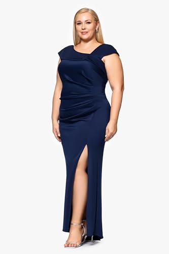 Image of Xscape Women's Long Bodycon Formal Evening Gown with Cap Sleeves, Asymmetrical Neckline, Ruched Bodice and Front Slit