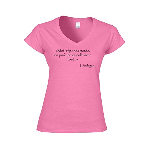 Mygoodprice T-Shirt Femme col V Citation Kaamelott leodagan Merde Rose M