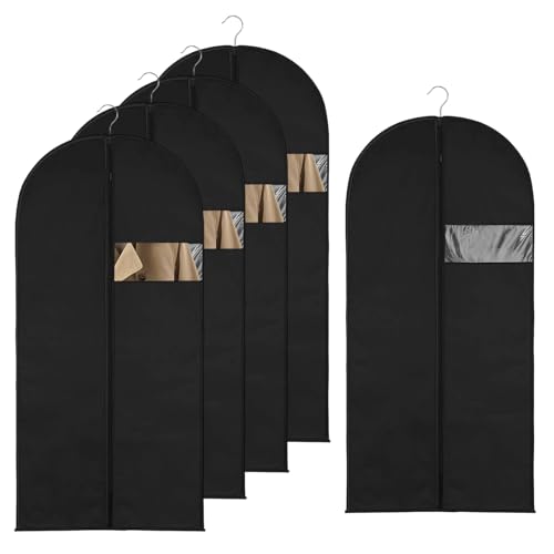 5 Stück Kleidersack 120 x 60 cm, Atmungsaktive Anzugtasche Kleidersäcke mit Reißverschluss Faltbare Kleiderhülle Verdickte Staubschutzhülle für Anzüge Mäntel Abendkleider(Schwarz)