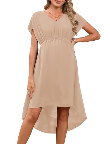Hobrounn Vestido de maternidad para mujer, cuello en V, manga corta, cintura alta, vestidos para embarazadas, bodas, albaricoque, L