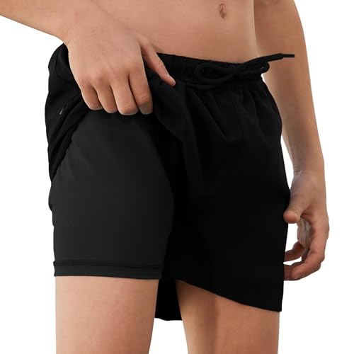 Image of TMEOG Boys Swimming Shorts with Compression Liner Quick Dry Kids Swimming Trunks with Pockets Beach Board Shorts Drawstring Waist (Black,5-6 Years)