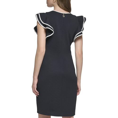 Image of Tommy Hilfiger Women's Sleeveless Ruffle Hem Jewel Neck Crepe Sheath Mini Dress