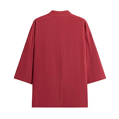 Image of Mens Japanese Kimono Cardigan Cotton Linen Haori Fashion 3 /4 Sleeve Yukata | Shawl Collar Kimono Jacket Robe Embroidery Patchwork Happi Coat Tie Pockets Lightweight Outerwear Daily Casual All Seasons