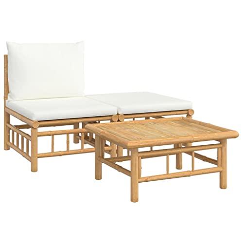 vidaXL Set de Muebles de jardín 3 Piezas bambú y Cojines Blanco Crema, Conjunto Muebles jardín, Muebles de jardín, Muebles de terraza