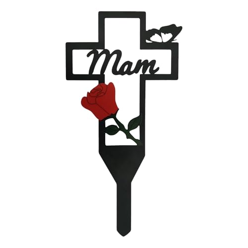 Hohota Memorial Cross Garden Stake Weather-Resistant Metal Yard Decor With Cardinal Bird, Rose & Family Lettering Sympathy Grave