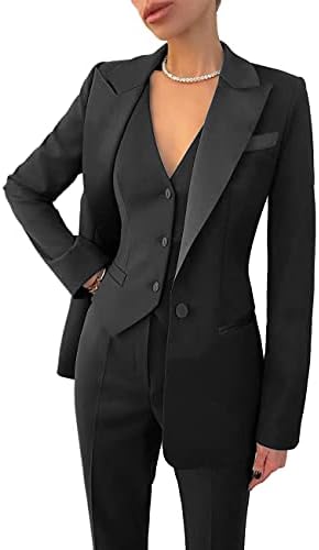 Business Women Suit Set 3 Pieces Notch Lapel Single Breasted Vest for Office Work Lady Suits (Blazer+Vest+Pants)(Black,12)