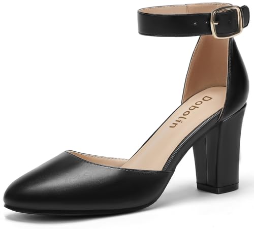 3 Inch Wide Width Chunky Heels for Women Closed Toe Heels Dress Shoes for Womens Round Women Pumps Ankle Strap Buckle Block Heel Party Wedding Comfortable