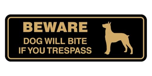 Panneau beware dog will bite noir et doré L pour signalisation extérieure