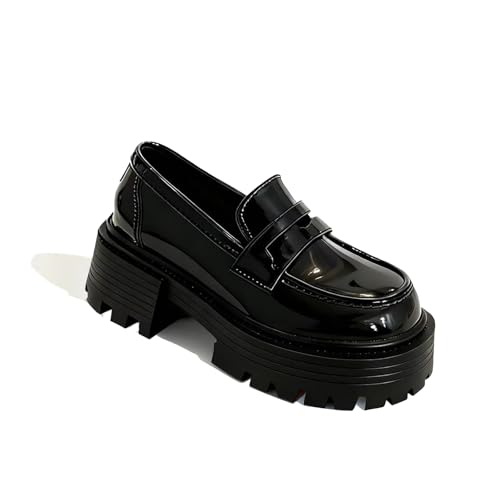 Women's Patent Leather Platform Slip-On Loafers Fashion Soft Leather Non-Slip Lug Sole Chunky Heel Penny Loafers Comfortable Office Dressy Work Shoes (Black,7)