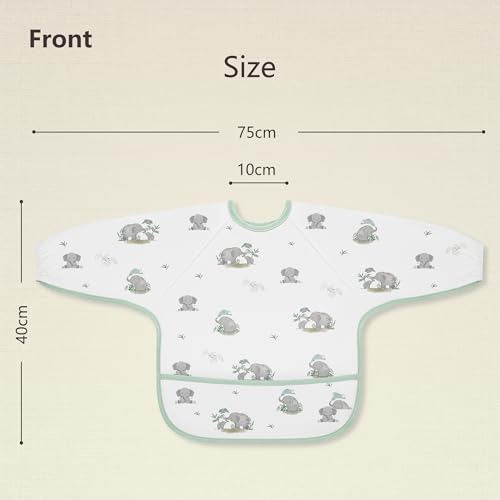Image of Susurration Baby Long Sleeve Bib Waterproof Sleeved Bib Smock for Baby | 2 Pack Baby Reusable Feeding bibs, 6-36 Months Baby Feeding Essentials - Green Elephant