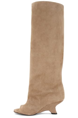 MissHeel Open Toe Suede Knee High Boots Wide Calf Wedge Heel
