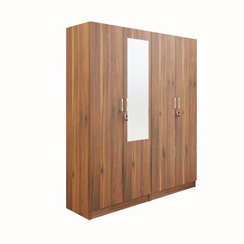 Image of VIKI Wardrobe | Wooden Almirah for 4 Door Fully Shelves Mirror Wardrobe (Brussel Walnut - 40D x 160W x 180.8H) | 1 Year Warranty | Free Assembly