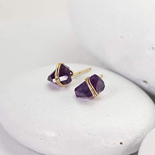 Amethyst Crystal Wrapped Stud Earrings, Handmade Natural Amethyst Crystal Earrings For Women With 14K Gold Filled Posts By Lotus Stone Jewelry (Gold-Filled) #TOP3